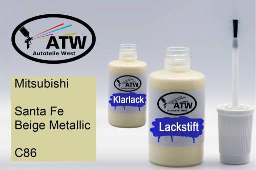 Mitsubishi, Santa Fe Beige Metallic, C86: 20ml Lackstift + 20ml Klarlack - Set, von ATW Autoteile West.